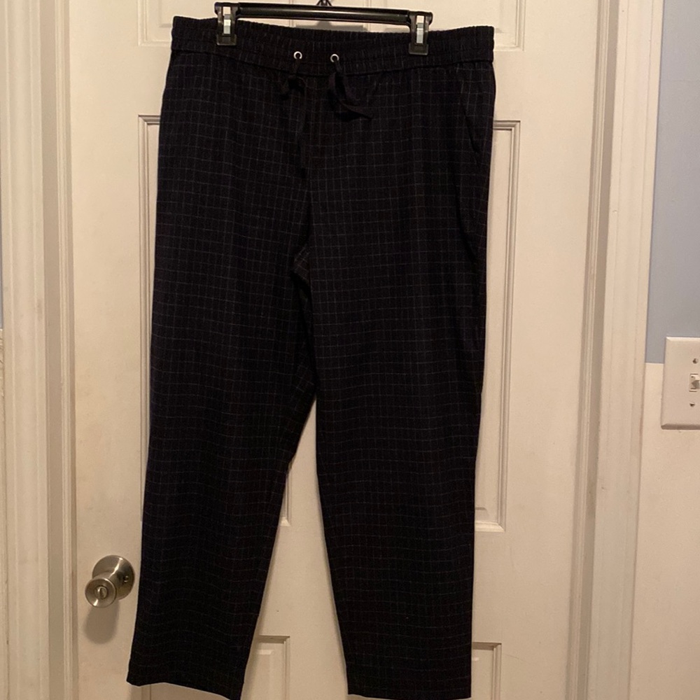 LOFT Navy Gray Windowpane Print Pull On Drawstring Pant Size L NWT